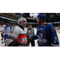 Wichita Thunder exchange greetings with the Kansas City Mavericks