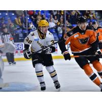 Wilkes-Barre/Scranton Penguins' Justin Lee and Lehigh Valley Phantoms' Oscar Eklind on game night