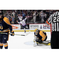 Tyler Weiss of the South Carolina Stingrays reacts after his overtime goal against the Atlanta Gladiators