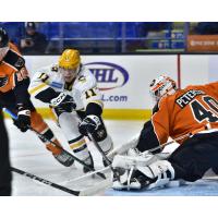 Lehigh Valley Phantoms goaltender Cal Petersen makes a stop against the Wilkes-Barre/Scranton Penguins