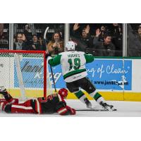 Cameron Hughes of the Texas Stars reacts after his overtime goal against the Grand Rapids Griffins