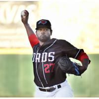 Kumar Rocker pitching for the Hickory Crawdads in 2023